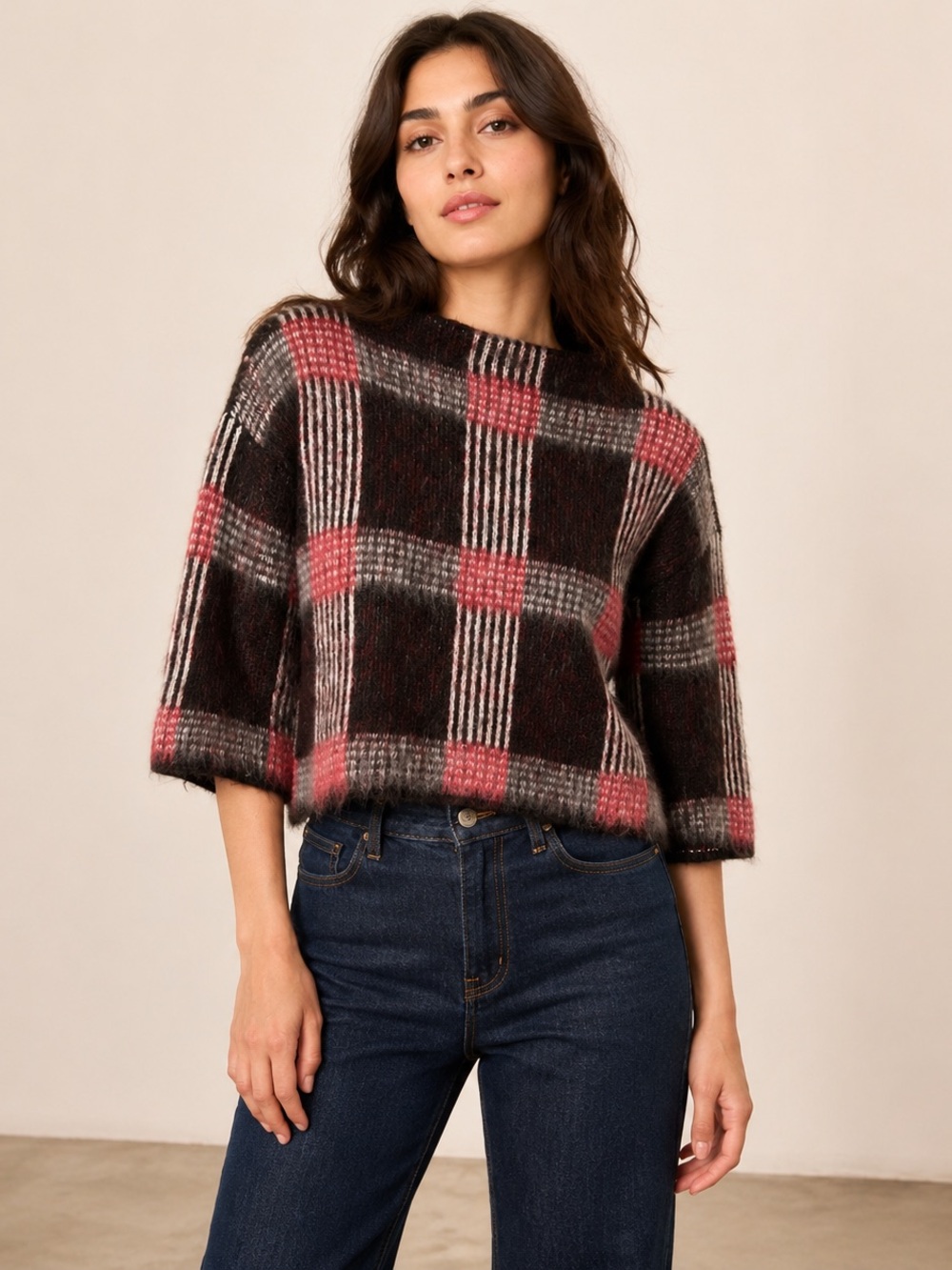 Vero Moda Celisa Plaid Fuzzy Cropped Funnel Neck Sweater Size S